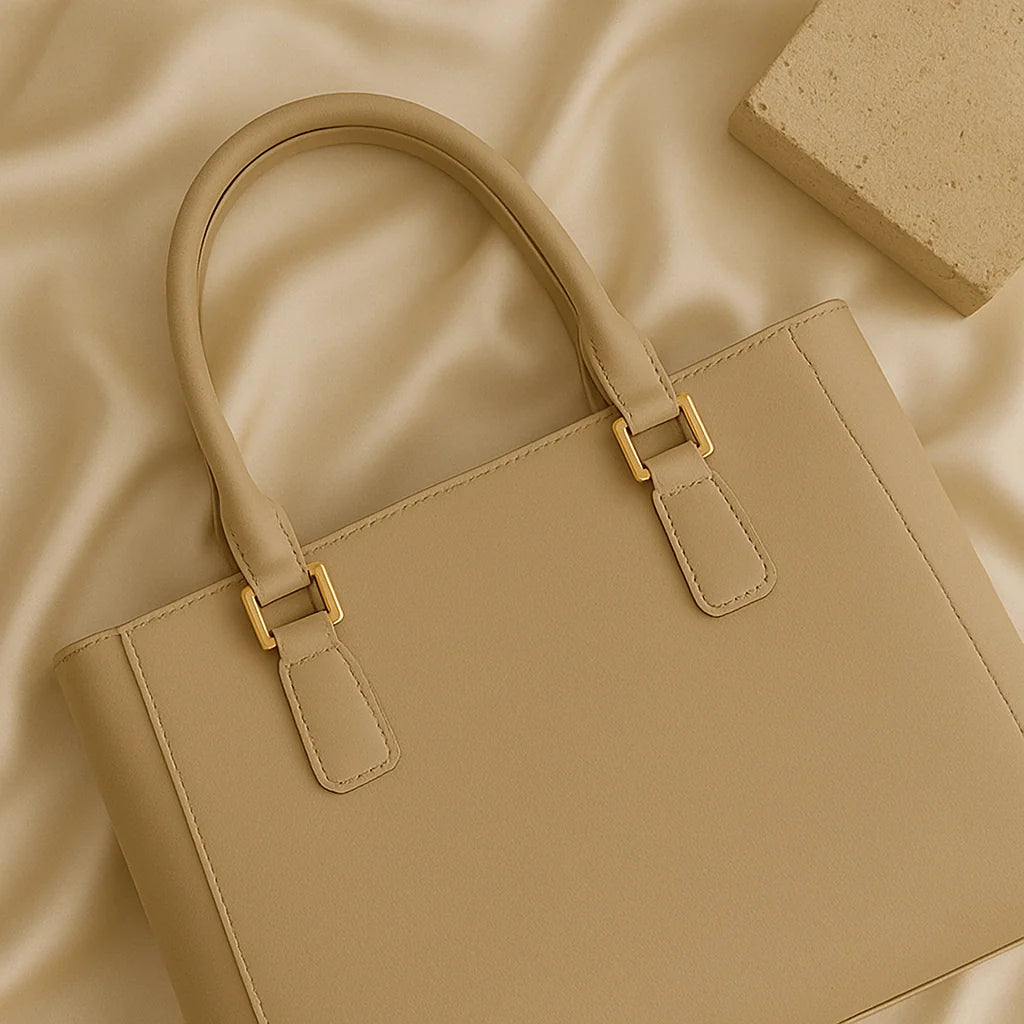 “GlamoROZ Totes & Shoppers collection featuring structured leather totes and soft suede shoppers displayed on neutral stone surfaces.”