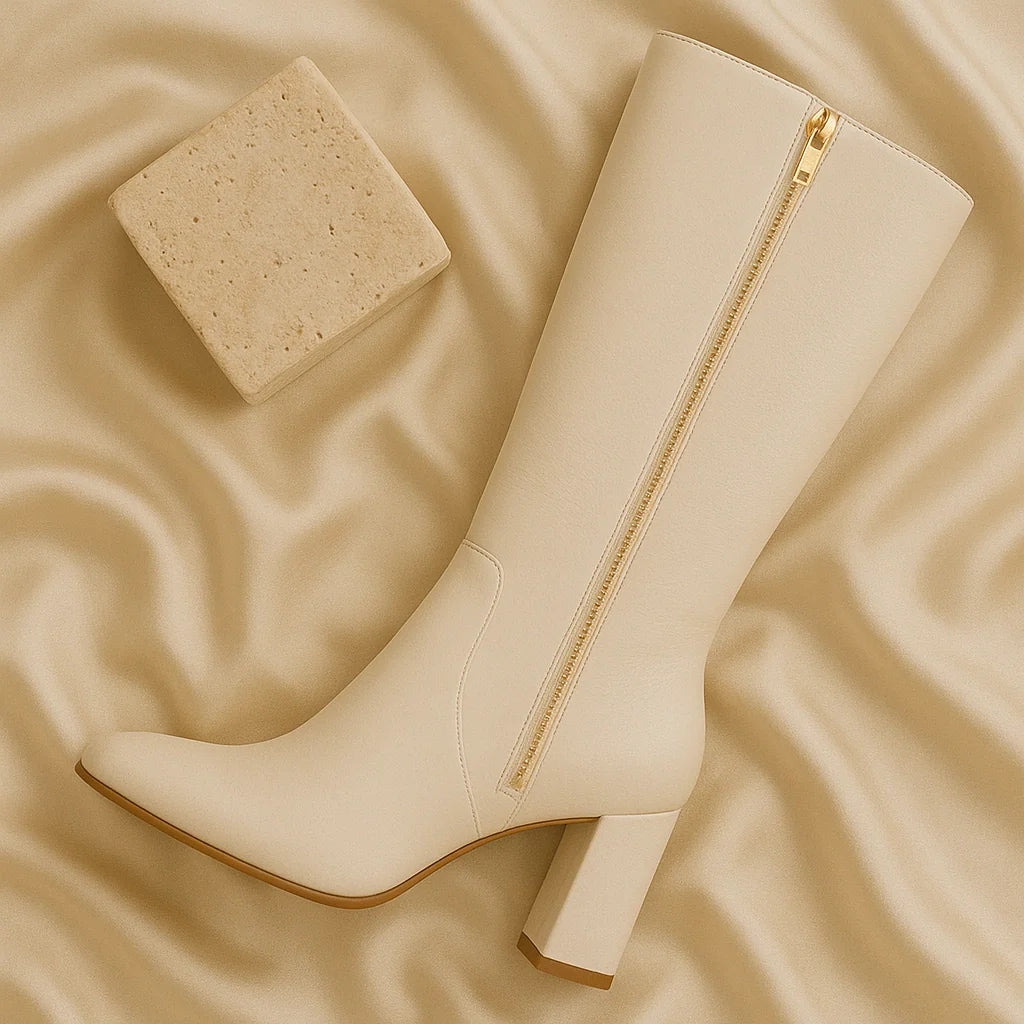 “GlamoROZ Boots collection featuring a beige knee-high heeled boot with gold zipper detail displayed on soft neutral fabric.”
