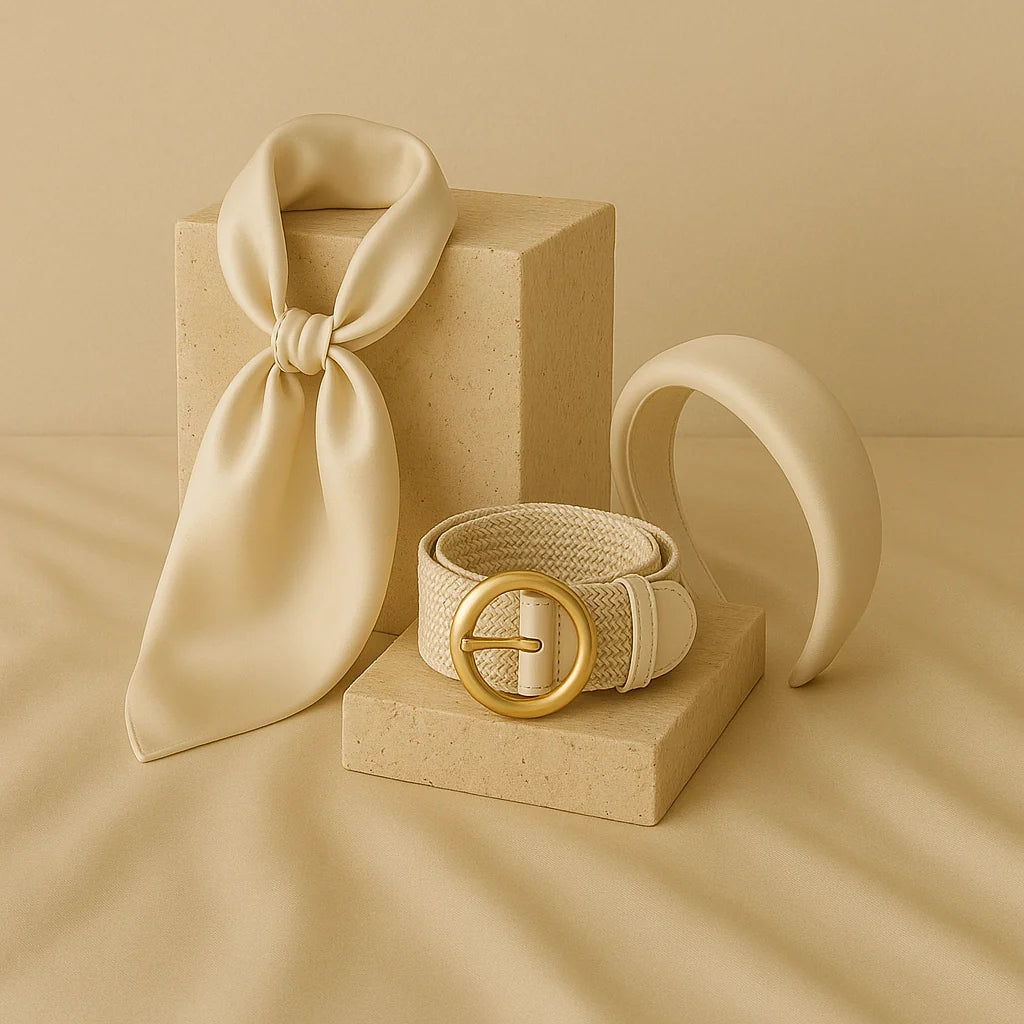 “GlamoROZ Accessories collection featuring a beige satin scarf, gold-buckled belt, and padded headband displayed on neutral stone blocks.”