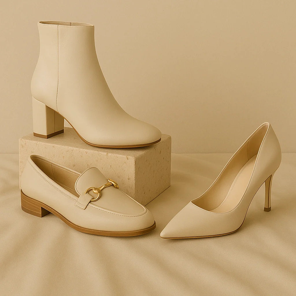 Neutral beige luxury women’s footwear collection featuring block-heel ankle boots, classic loafers with gold detail, and pointed-toe stilettos displayed on beige fabric.