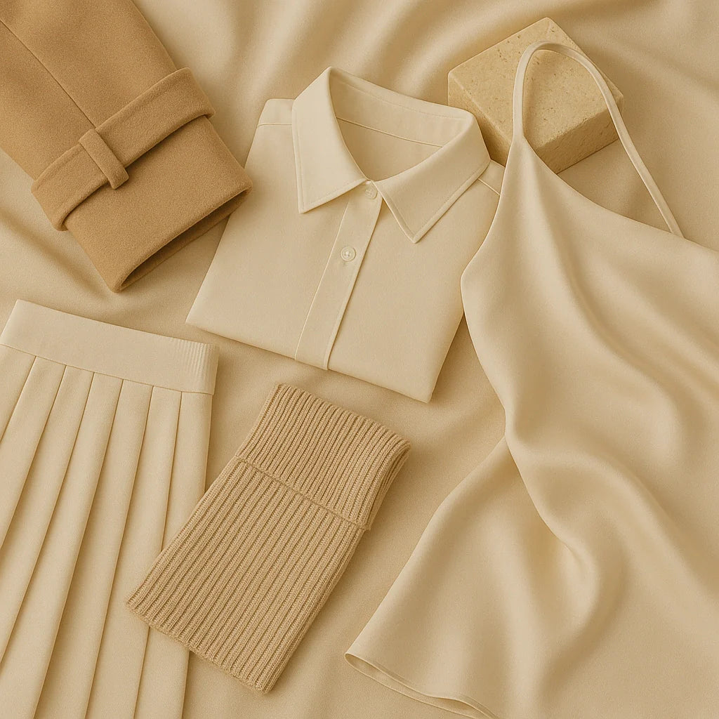 “GlamoROZ Ready-to-Wear collection featuring a beige silk camisole, collared shirt, pleated skirt, and wool coat displayed on soft fabric.”