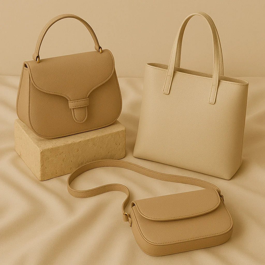 “GlamoROZ Bags collection featuring beige structured handbags, a crossbody, and a tote displayed on neutral stone blocks with soft fabric background.”
