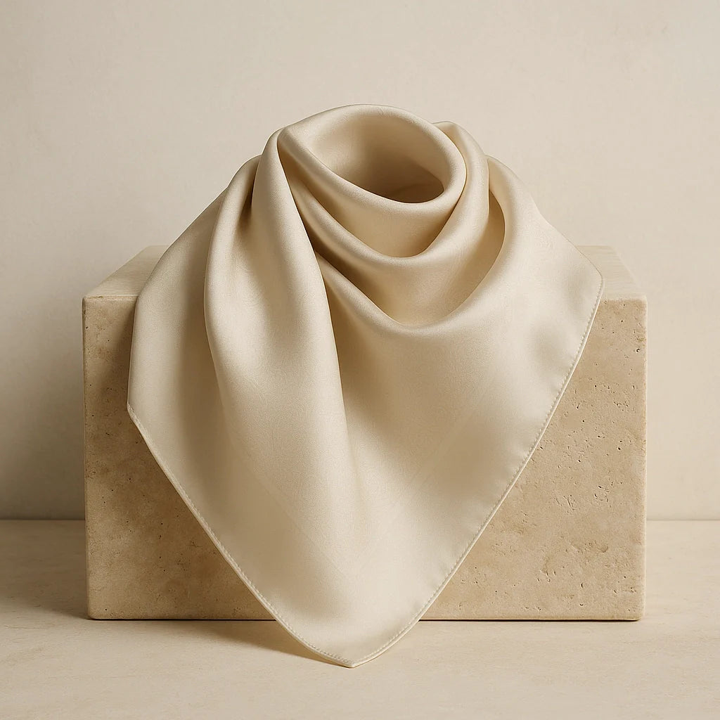 “GlamoROZ Scarves & Knitwear collection featuring beige cashmere scarves, ribbed knit tops, and cozy sweaters displayed on soft neutral fabric.”