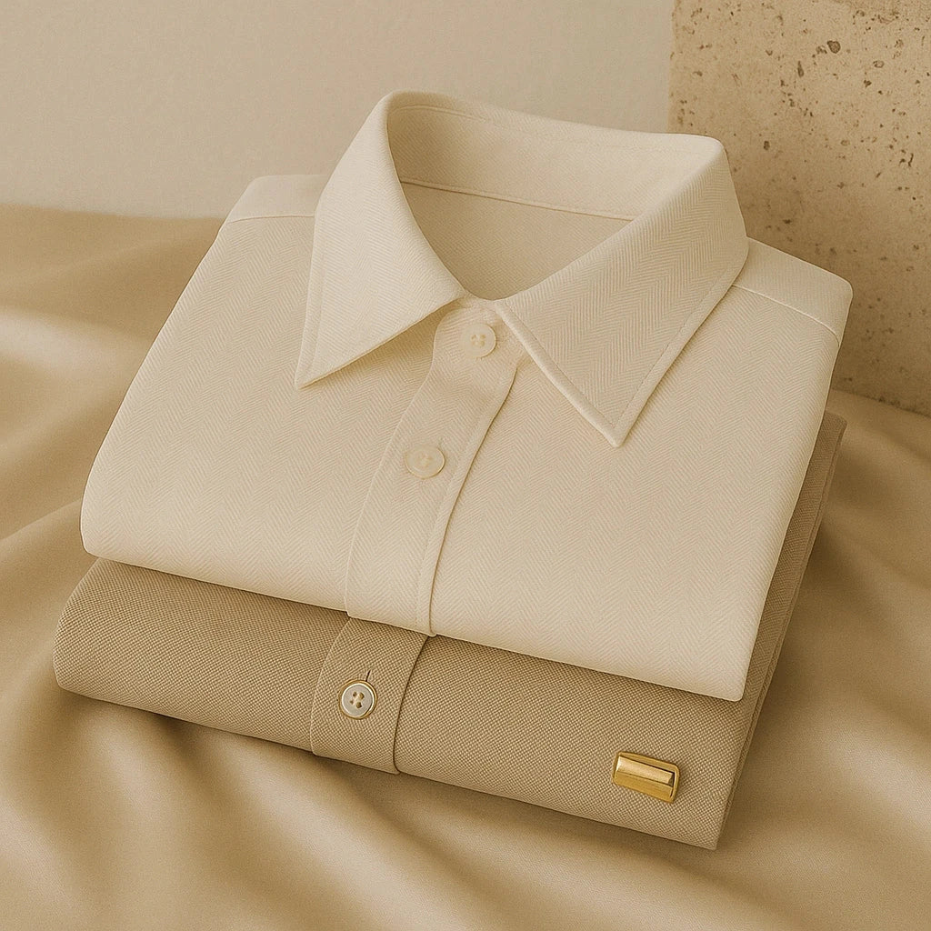 “GlamoROZ Shirts & Tops collection featuring a satin blouse, tailored white shirt, and minimalist crop top displayed on neutral fabric.”