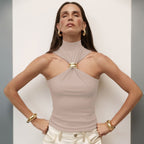Gold Ring Sleeveless Cold-shoulder Stretch Top