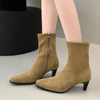 Square Toe High Heel Middle Boots Side Zipper Retro Kitten Heel Booties