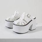 Super High Heel Platform Slippers Patent Leather Hollowed Toe Box Chunky Heel