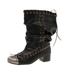 Ladies Bow Lace-up Woven Knee-high Boots