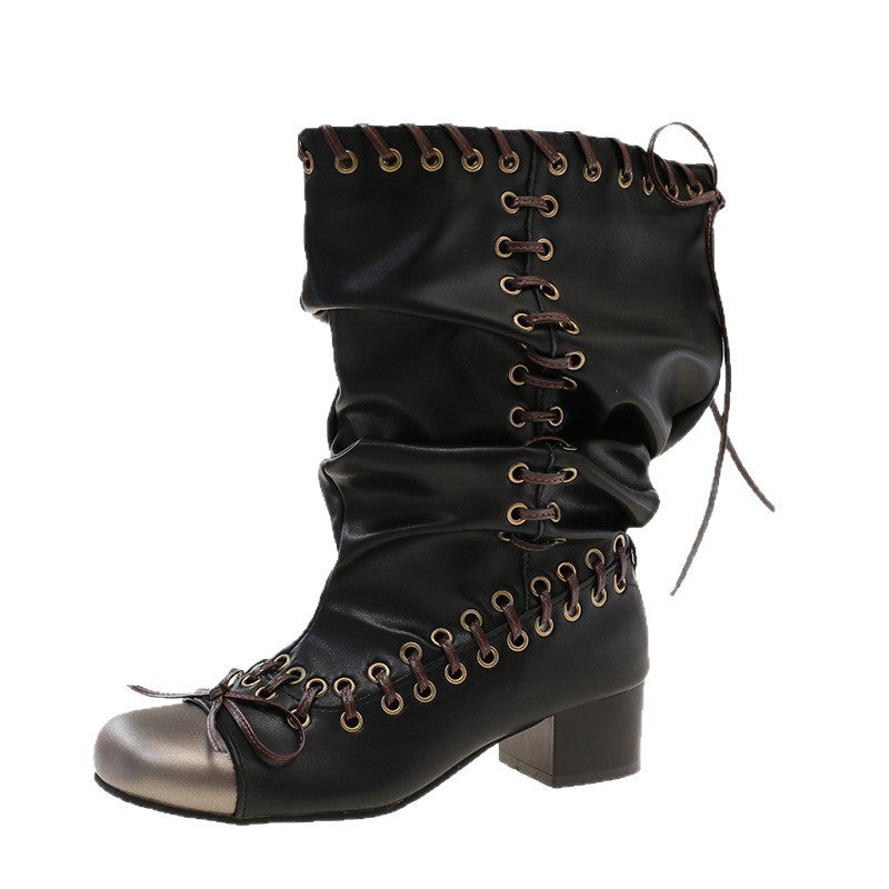 Ladies Bow Lace-up Woven Knee-high Boots