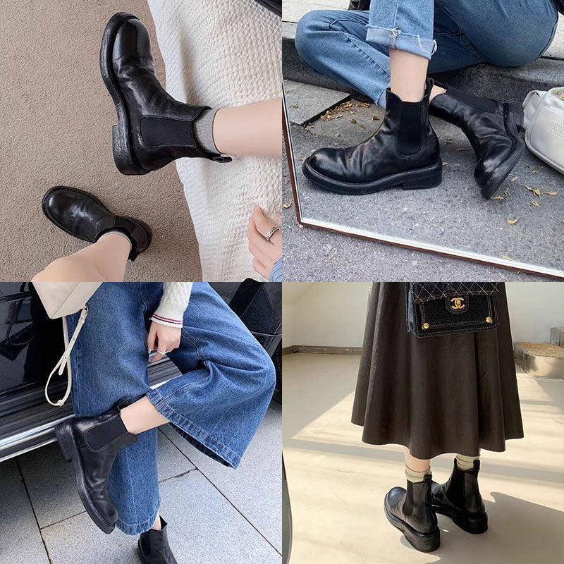 Washed Horse Leather Pleated Chunky Heel Platform Smoke Pipe Boots For Women