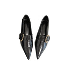Chunky Heel Mid Heel Belt Buckle Black Leather Shoes