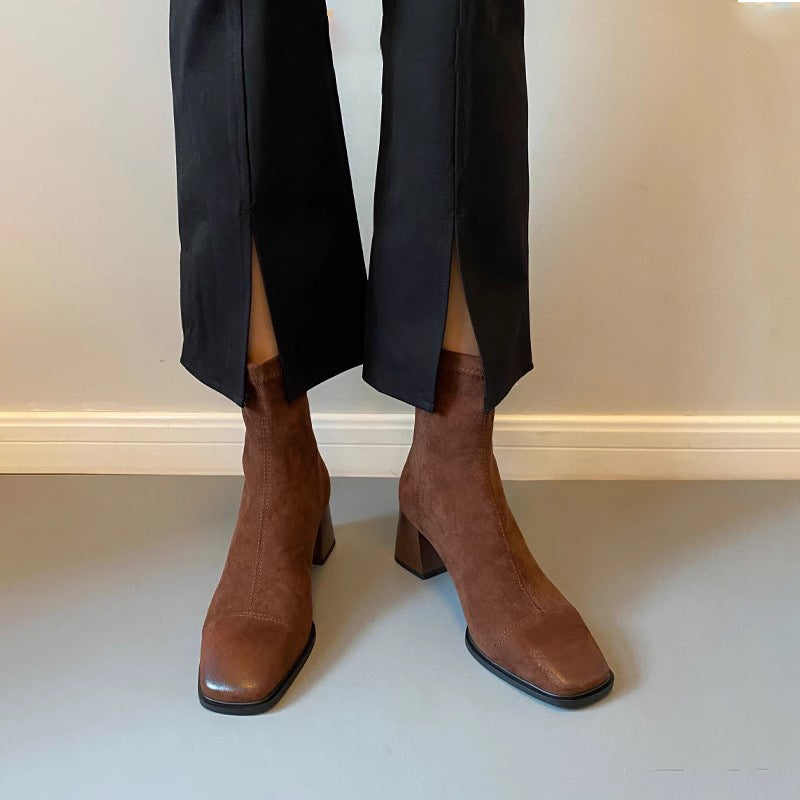 Women's Solid Color Simple Suede Chunky Heel Ankle Boots