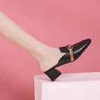 Muller Shoes Casual Soft Leather Slippers Women Outer Wear Square Toe Thick Heel Outer Wear Sandals Women