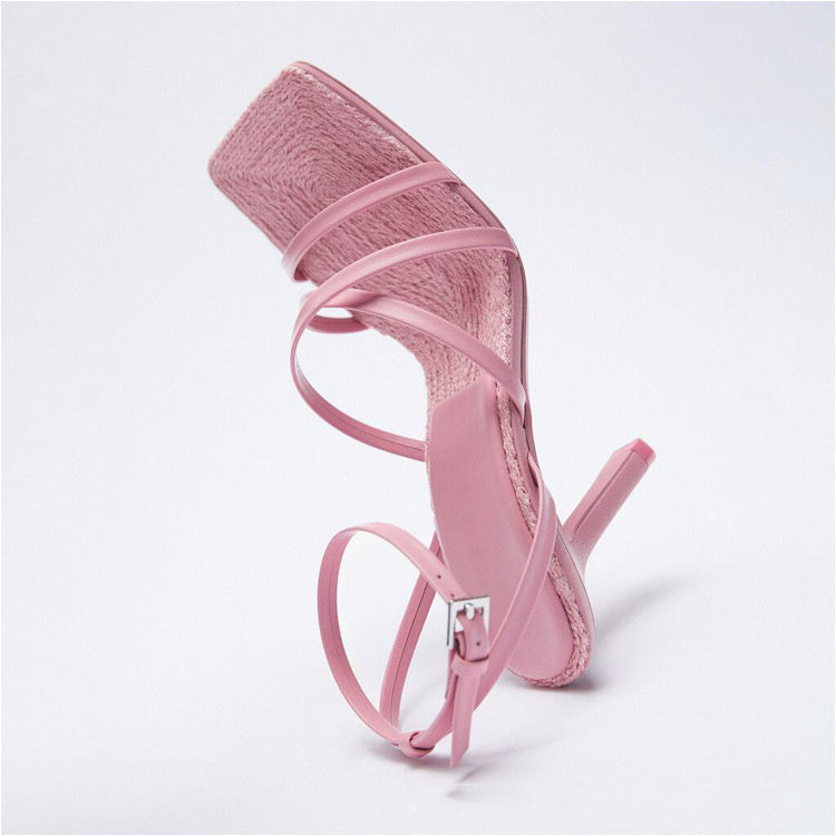 Stiletto Leather Sandals Buckle Cross Strap Square Toe