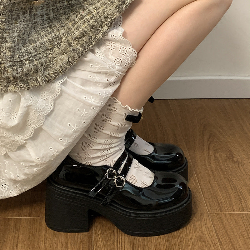 Thick Bottom Round Toe Leather Shoes Women's All-match
