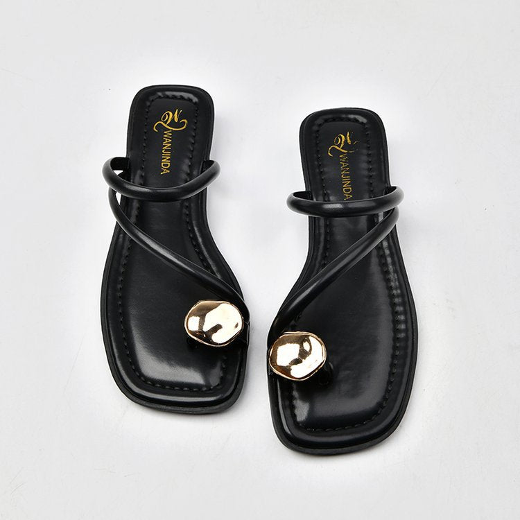 French Style Women's Fashionable Metal Toe Covering Flat Sandals