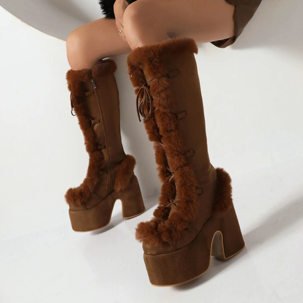 Plush Platform High Heel Fur Boots - GlamoROZ