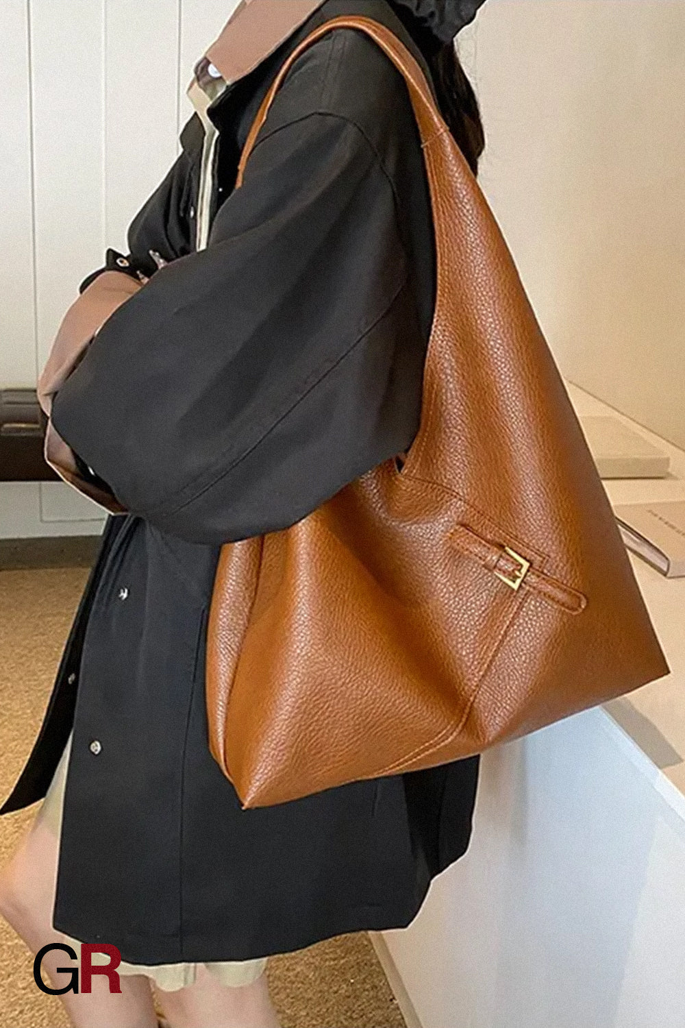 Fashionable Solid Color Soft Leather Underarm Bag Simple Large Capacity