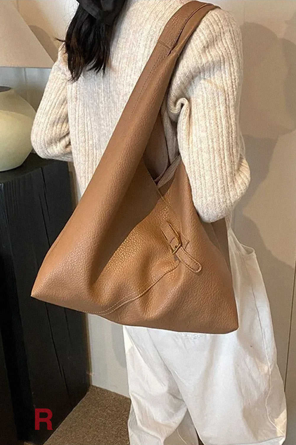 Fashionable Solid Color Soft Leather Underarm Bag Simple Large Capacity