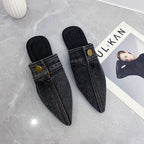 European And American Washed Denim Flat Closed Toe Slippers Women