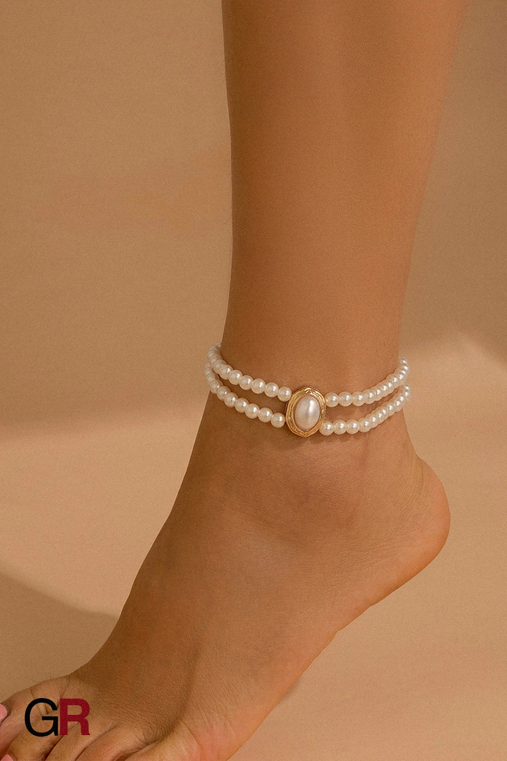 “GlamoROZ Baroque Grace Double-Pearl Anklet close-up of double faux pearl rows”