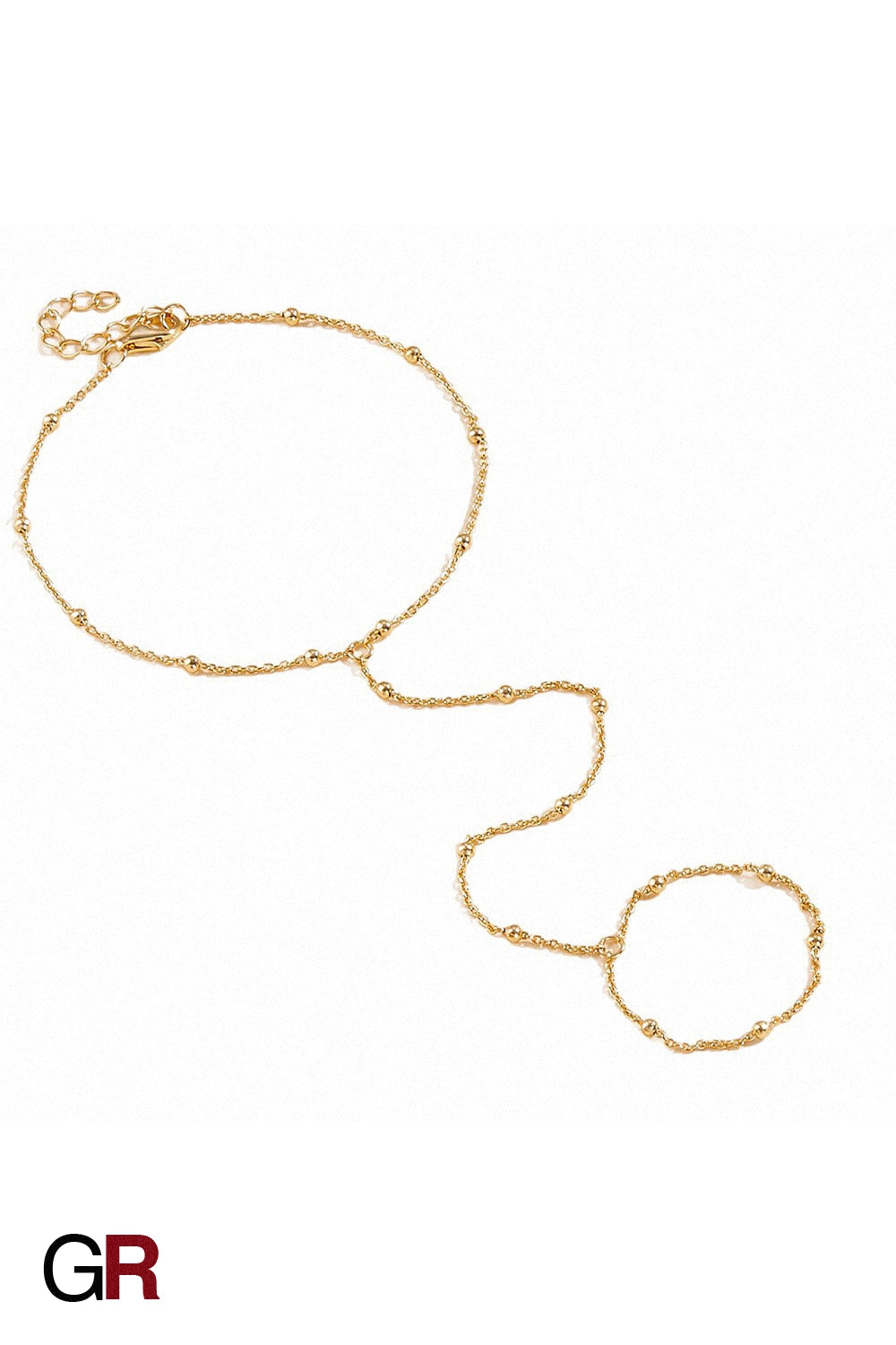 “GlamoROZ Voile Dore Luminous Gold Beaded Hand Chain Jewelry flat-lay on soft beige background”