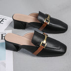 Muller Shoes Casual Soft Leather Slippers Women Outer Wear Square Toe Thick Heel Outer Wear Sandals Women