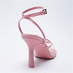 Stiletto Leather Sandals Buckle Cross Strap Square Toe