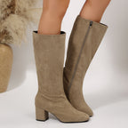Wide Pointed Toe Chunky Heel Below The Knee Long Boots