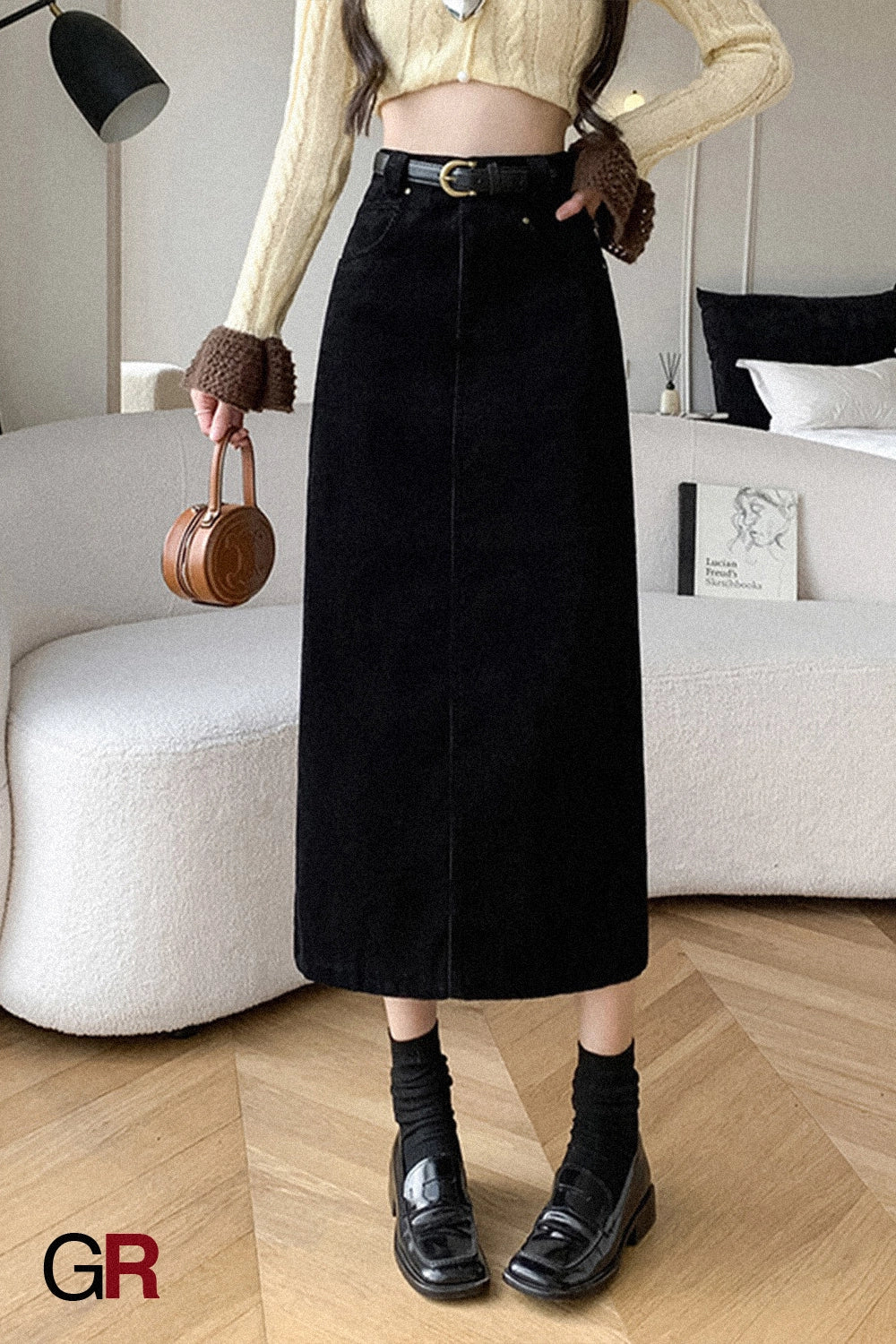 Velveteen Belted Midi Skirt