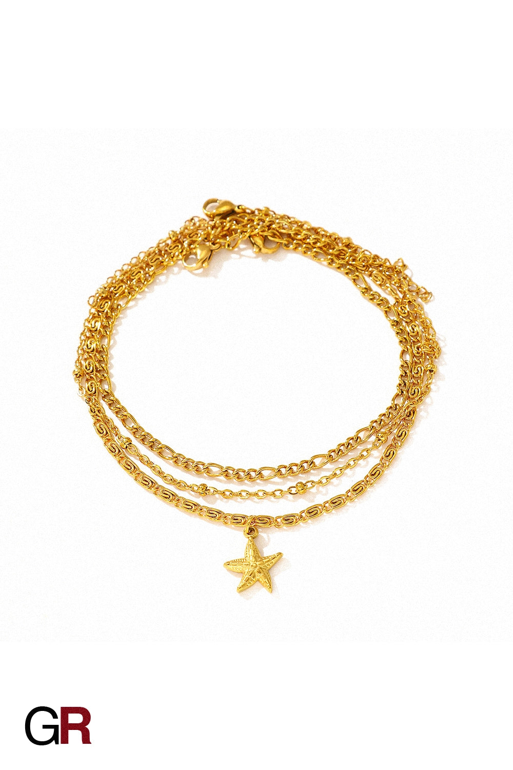“GlamoROZ Golden Mare Layered Star Anklet layered gold chains detail close-up”