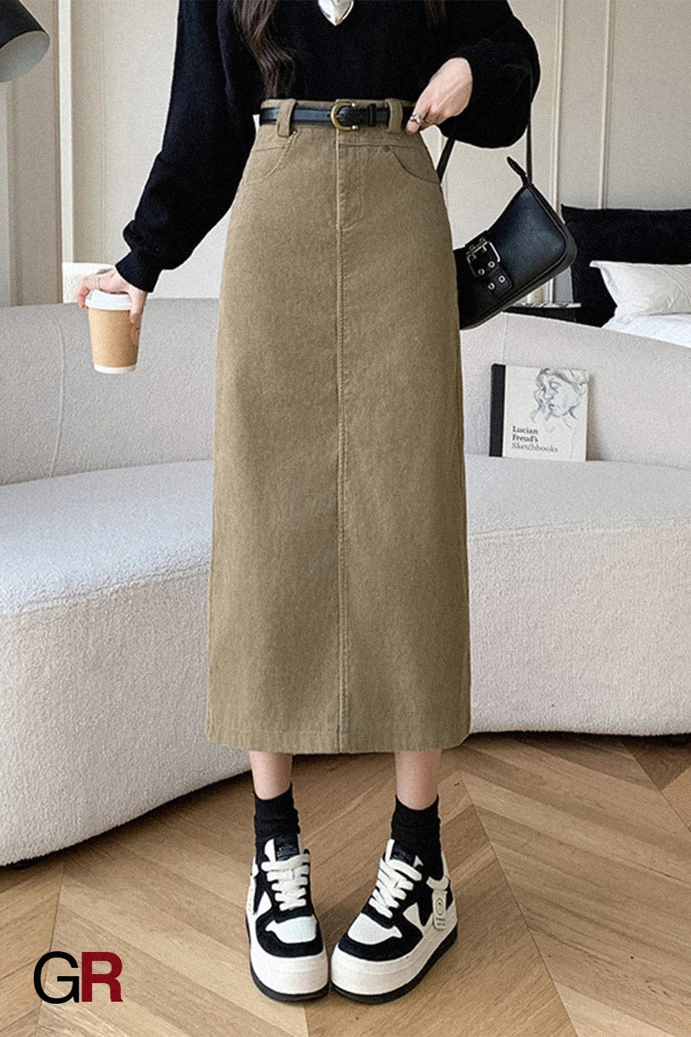 Velveteen Belted Midi Skirt