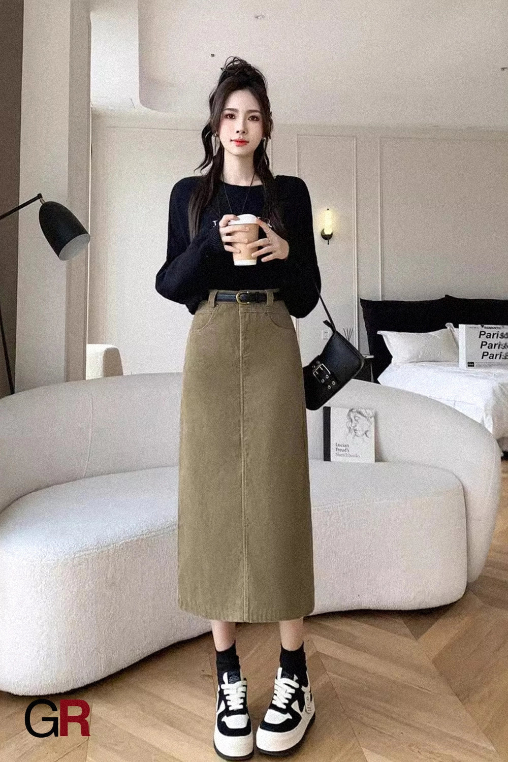 Velveteen Belted Midi Skirt
