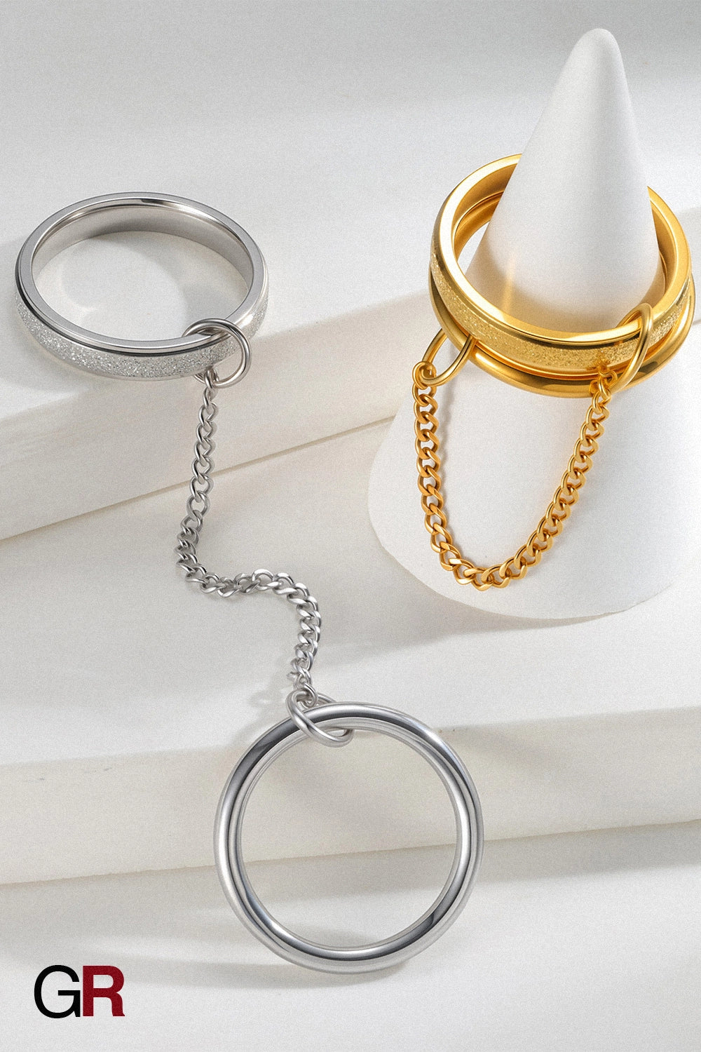 “GlamoROZ Orbit Duo Gold & Silver Chain Ring Jewelry front view on neutral background”