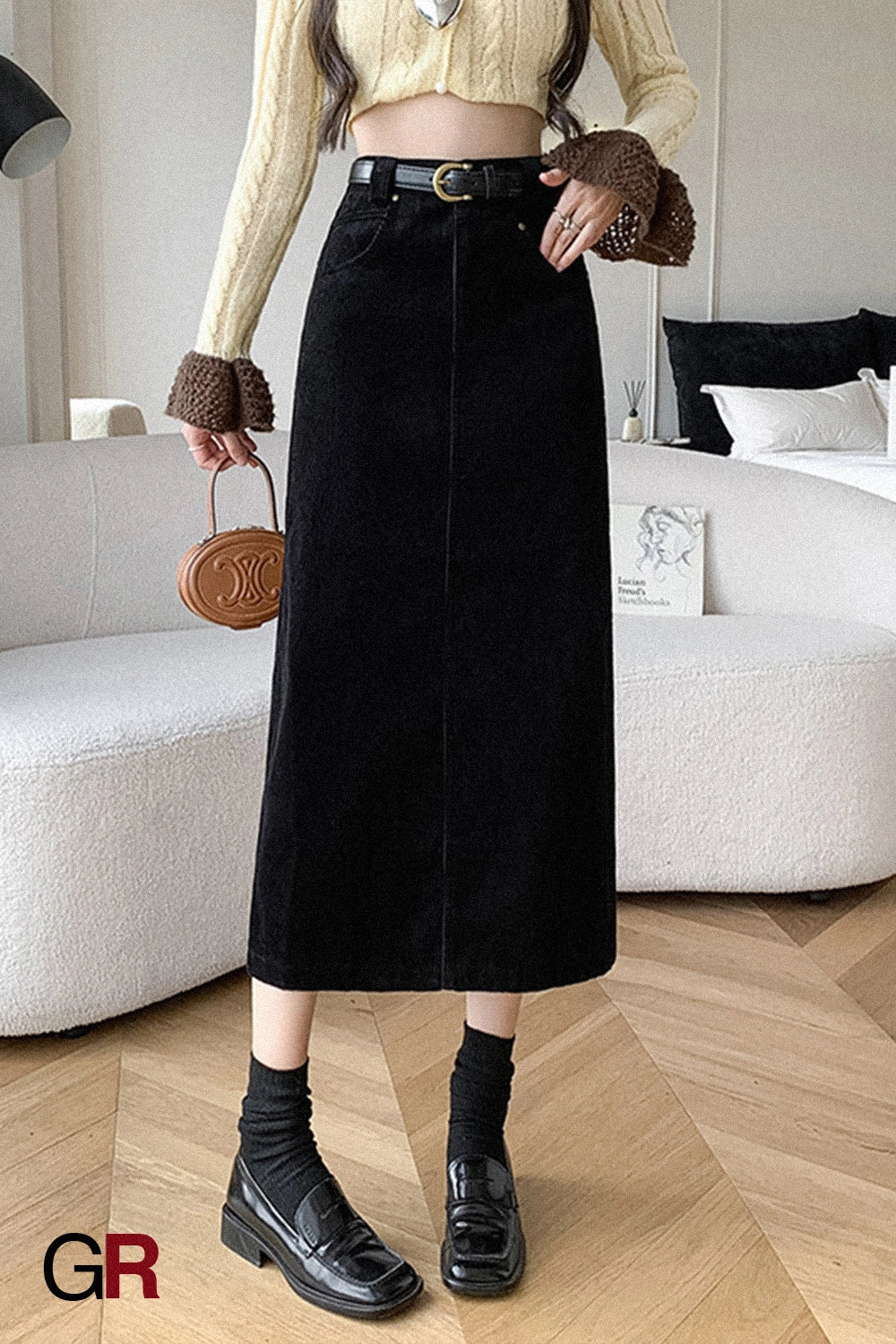 Velveteen Belted Midi Skirt