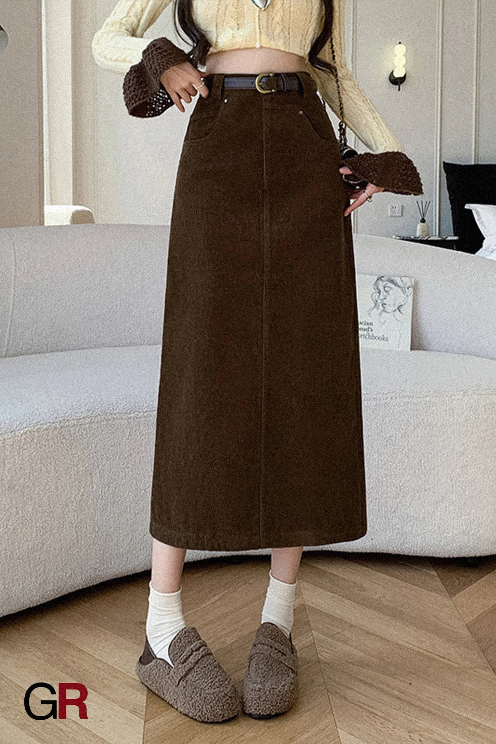 Velveteen Belted Midi Skirt