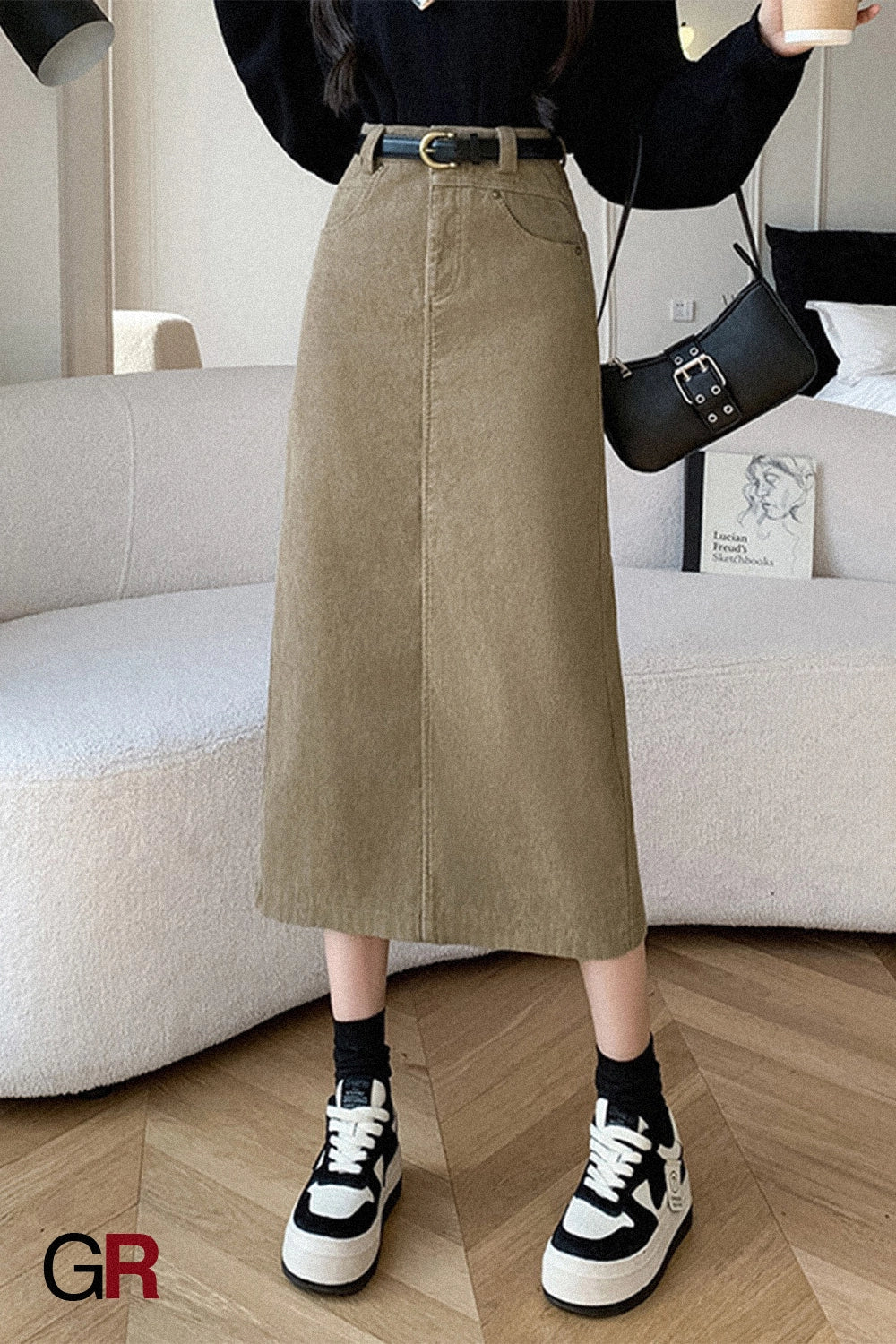 Velveteen Belted Midi Skirt