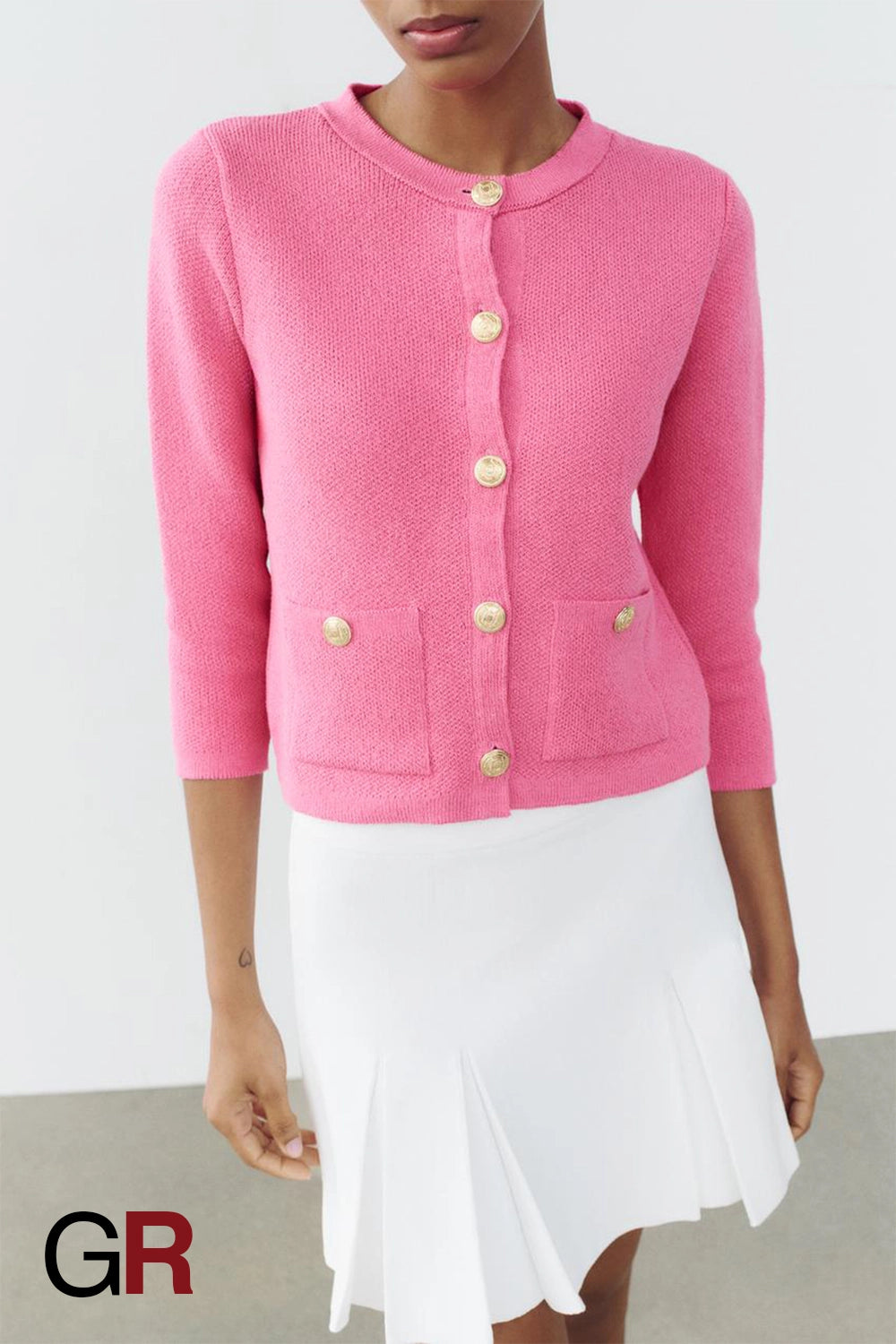 Luxe Single-Breasted Pink Knit Elegance - GlamoROZ