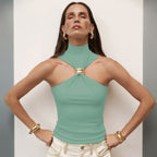 Gold Ring Sleeveless Cold-shoulder Stretch Top