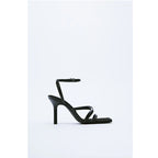 Stiletto Leather Sandals Buckle Cross Strap Square Toe