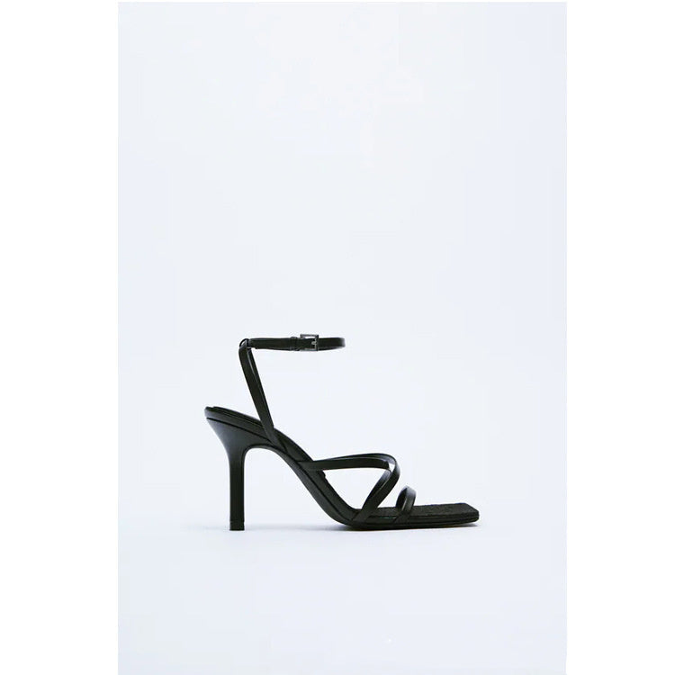 Stiletto Leather Sandals Buckle Cross Strap Square Toe