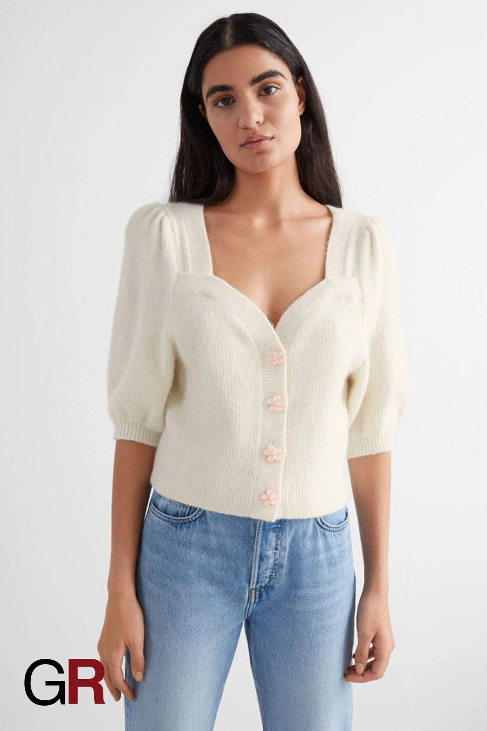 Regal Swan Neck Floral Buckle Puff Sleeve Knitted White Cardigan - GlamoROZ