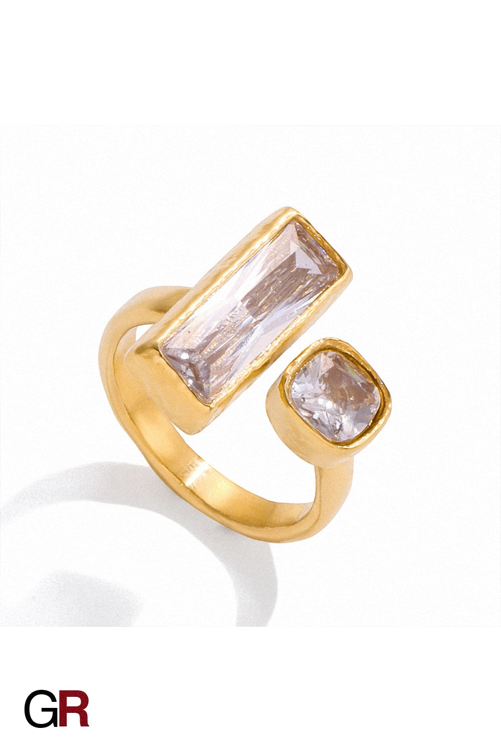 “GlamoROZ Aurum Prism Gold & Titanium Steel Ring Jewelry styled on model hand with elegant outfit”