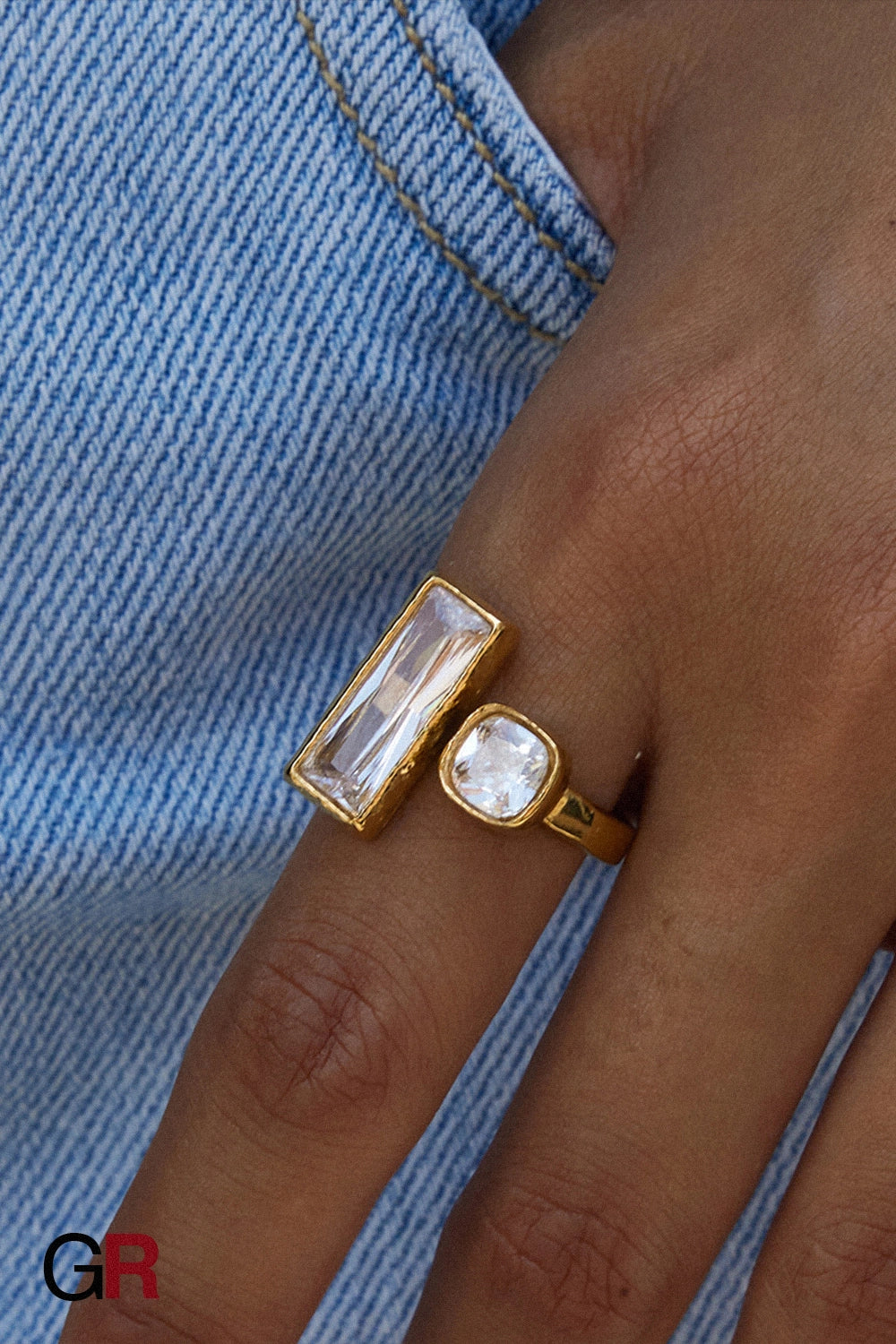 “GlamoROZ Aurum Prism Gold & Titanium Steel Ring Jewelry front view on neutral background”