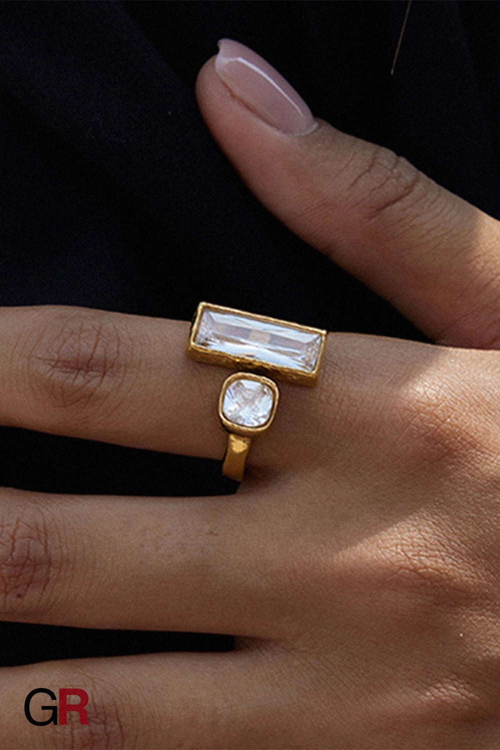 “GlamoROZ Aurum Prism Gold & Titanium Steel Ring Jewelry mixed metal titanium steel base and gold finish close-up”