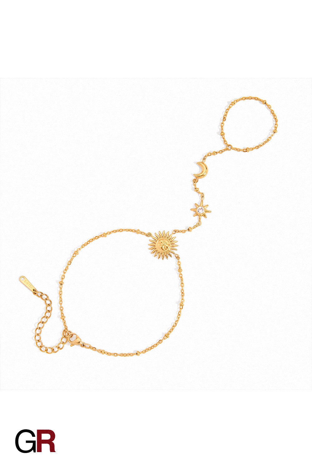 “GlamoROZ Soluna Dorée Luminous Gold Hand Chain Jewelry close-up of gold chain drape across hand”