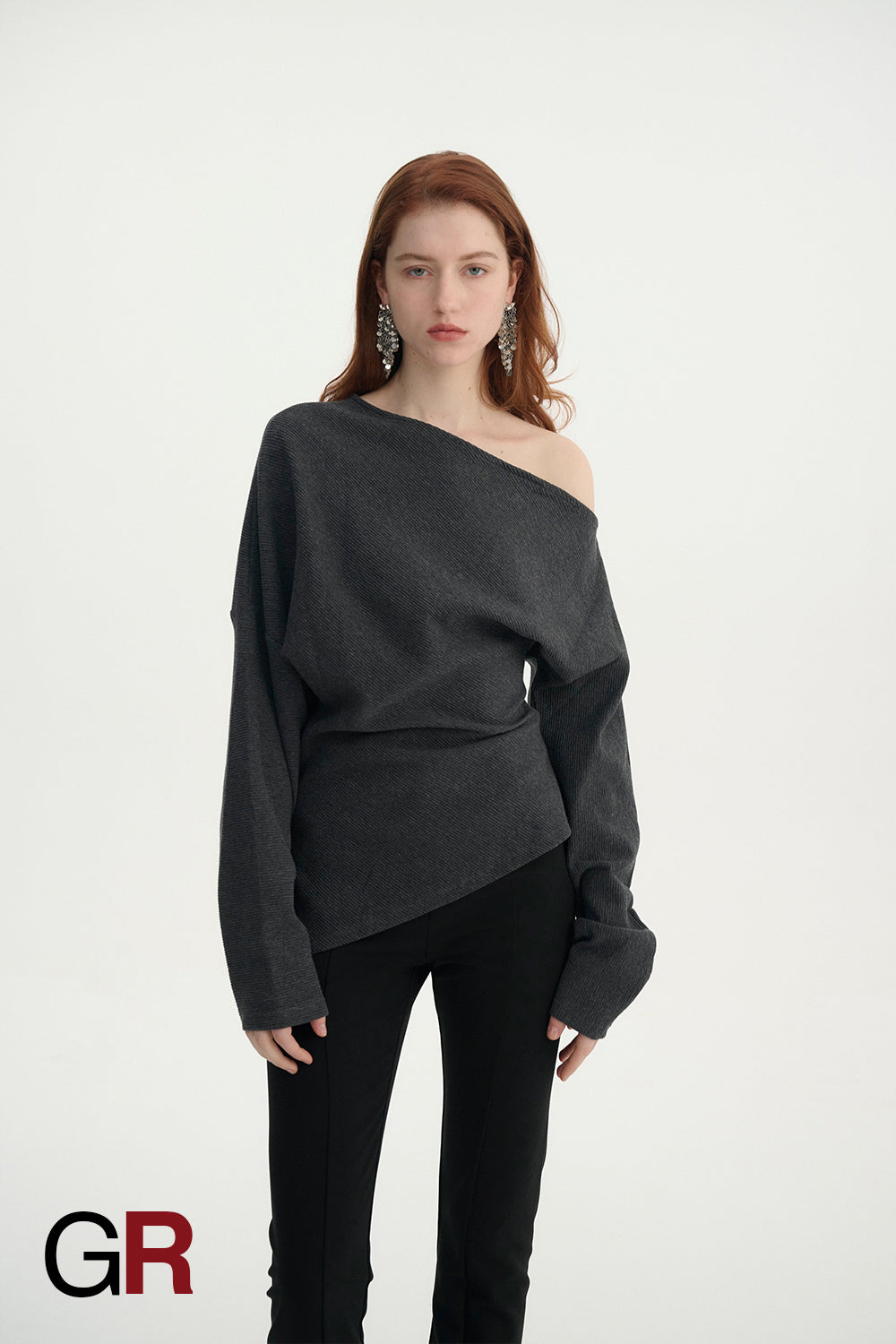 Velour Grace Slant Shoulder gray Lounge Top - GlamoROZ