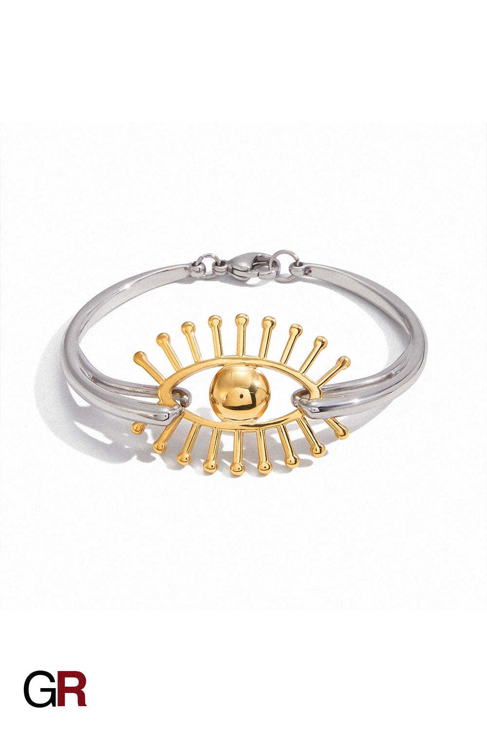 “GlamoROZ Flux Dual Luminous Silver & Gold Eye Cuff Jewelry close-up showing golden eye centerpiece”