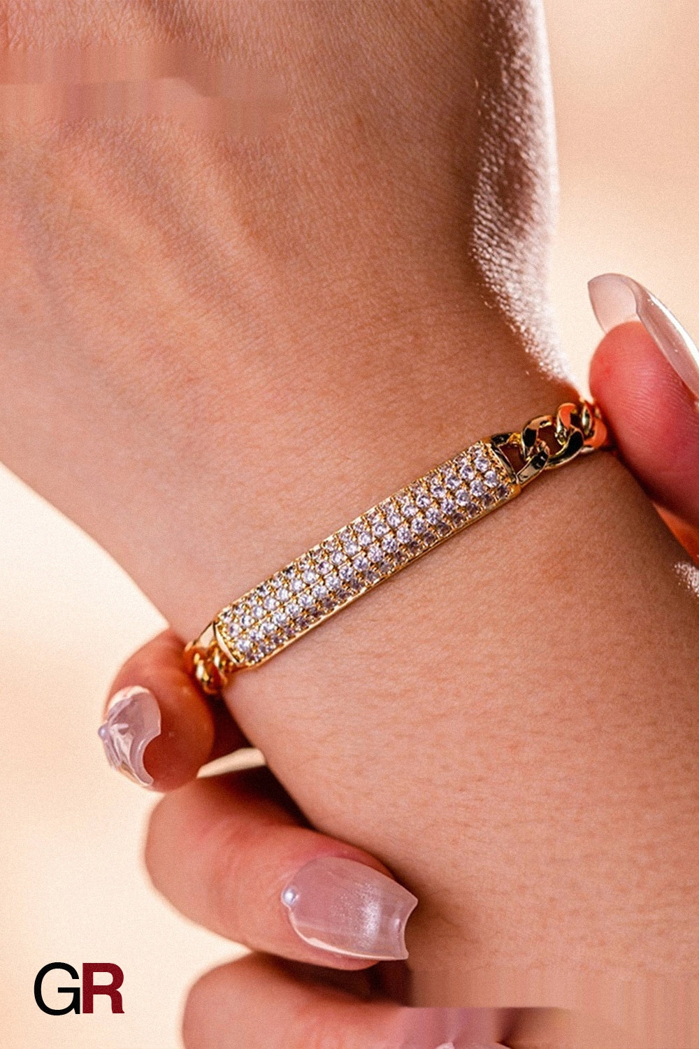 “GlamoROZ Aurora Pavé Luminous Gold Link Bracelet Jewelry front view on neutral background”