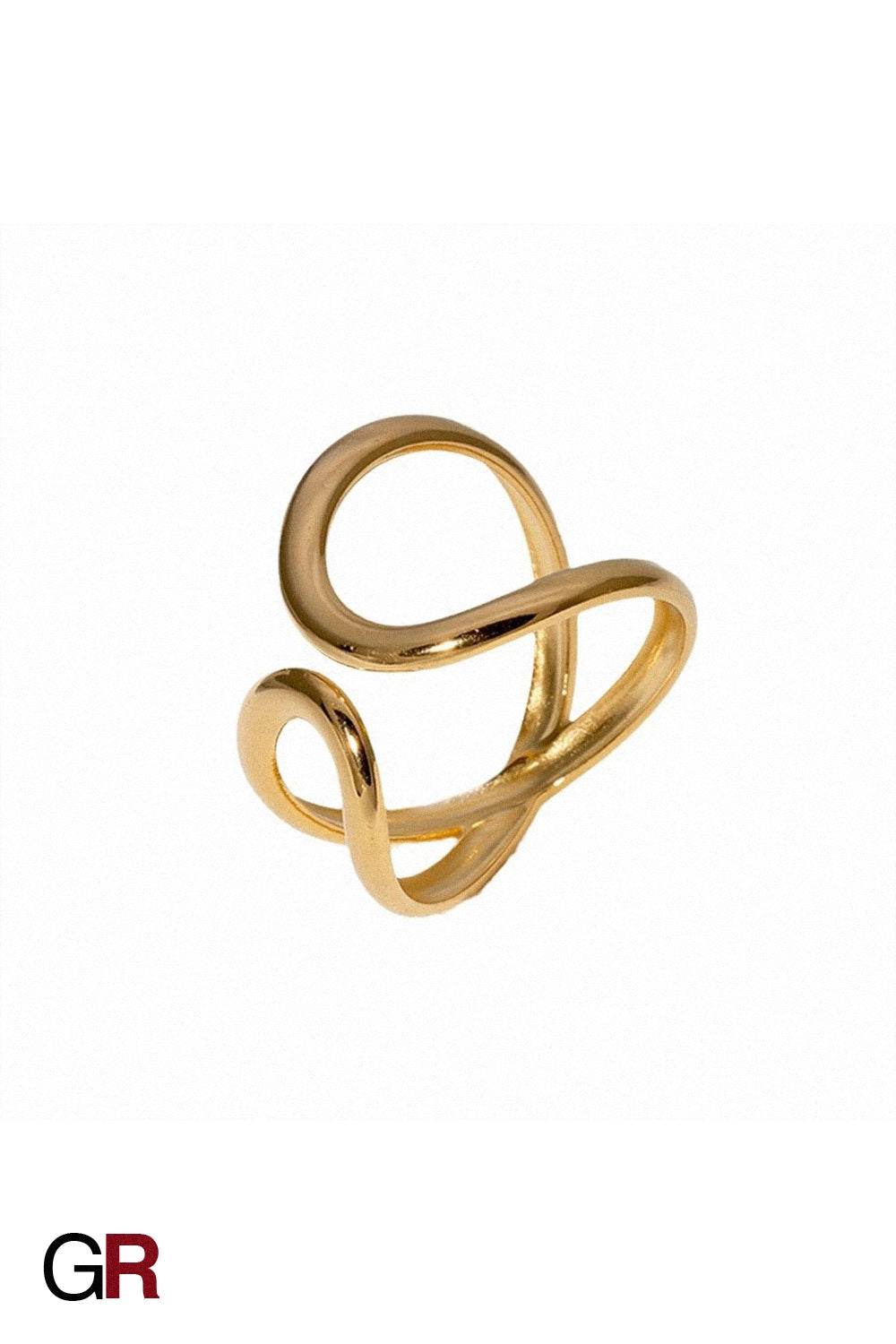 “GlamoROZ Lunaria Flow Gold Open Band Ring Jewelry styled on model hand with elegant outfit”